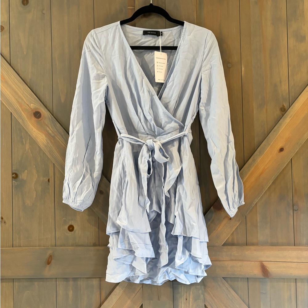 Blue Wrap V Neck Dress with Tie at Waist